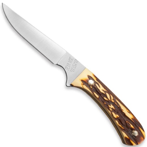 Bear & Son 6 1/2" Stag Delrin Bird/Trout Knife with Leather Sheath - BS-751