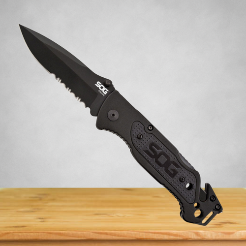 SOG Escape Bead Blasted Serrated Clip Point Folding Knife in Black- FF25-CP