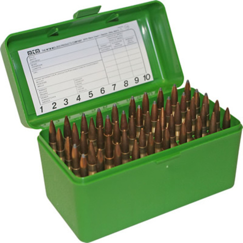 MTM Rifle Ammo Box - 50 Round Flip-Top 223 WSSM 270 WSSM 460 500 S&W - Green RSLD-50-10